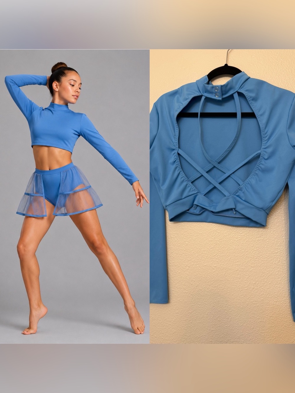 Kelle dance lyrical contemporary costume blue 2 piece open back XLA adult